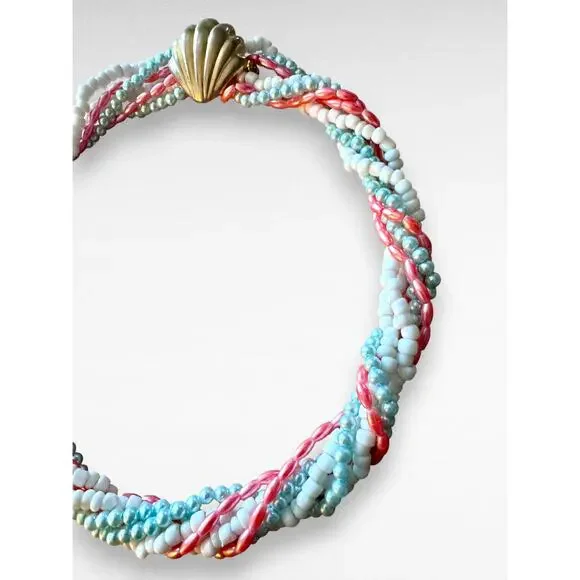 Vintage Multi Strand Seed Bead Torsade Necklace Gold Tone Scallop Clasp 15 Inch - Picture 5 of 8